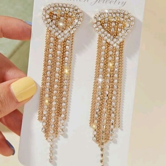 Luxury Rhinestone Gold Crystal Heart Tassel Earrings - Picture 2 of 4